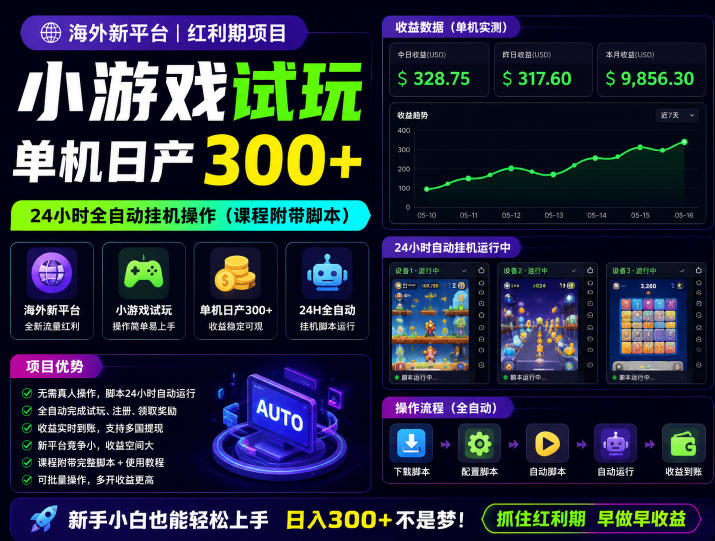 海外新平台，小游戏试玩，单机日产300+，24小时全自动挂G操作(课程附带脚本)【揭秘】 - 项目资源网