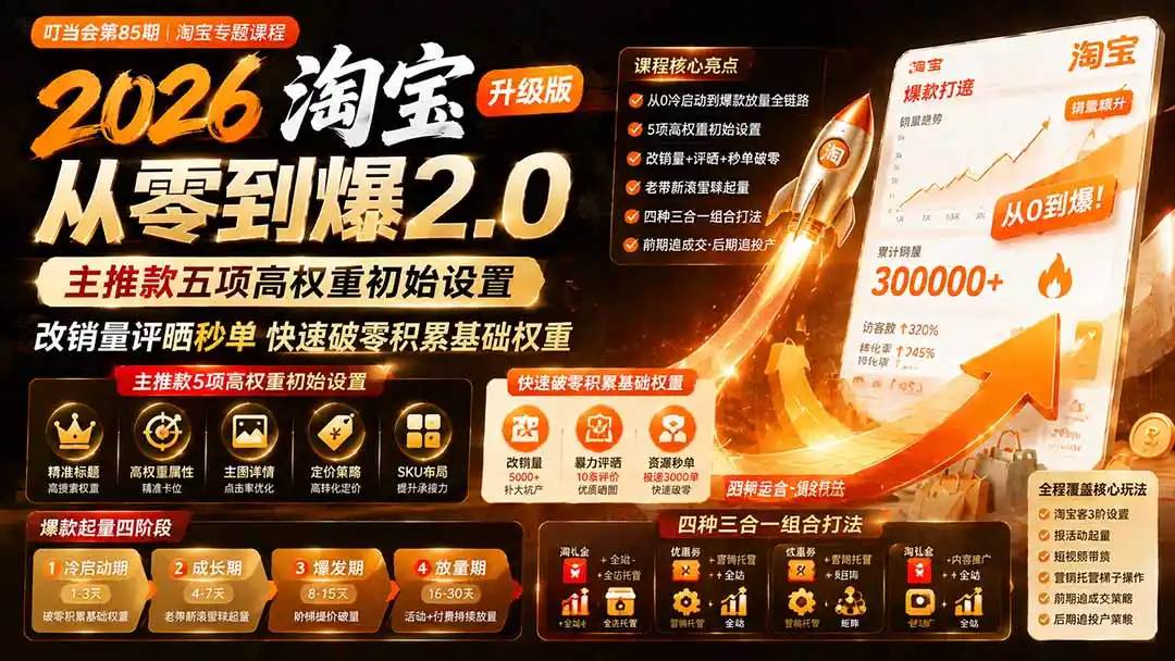 2026淘宝从零到爆2.0第85期；主推款五项高权重初始设置，改销量评晒秒单快速破零积累基础权重 - 项目资源网