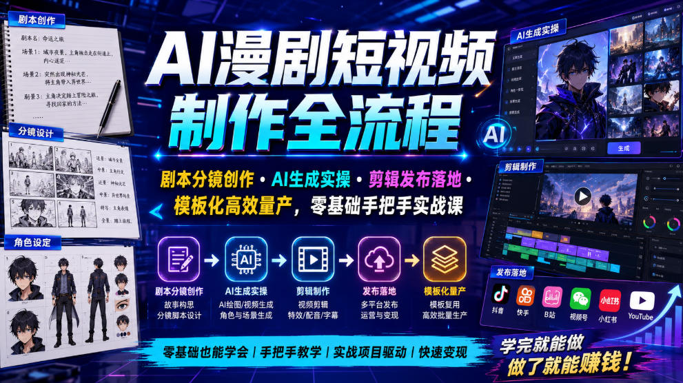 AI漫剧短视频制作全流程｜剧本分镜创作・AI生成实操・剪辑发布落地・模板化高效量产，零基础手把手实战课 - 项目资源网