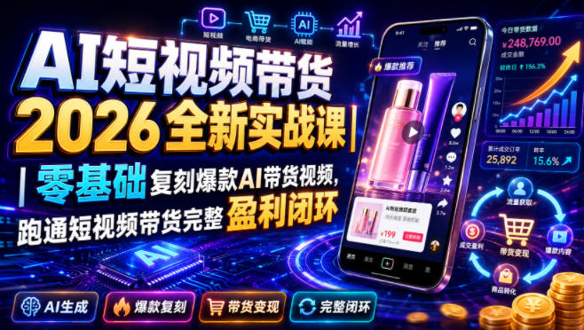 AI短视频带货2026全新实战课｜零基础复刻爆款AI带货视频，跑通短视频带货完整盈利闭环 - 项目资源网