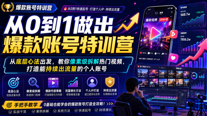 从0到1做出爆款账号特训营，从底层心法出发，教你像素级拆解热门视频，打造能持续出流量的个人账号 - 项目资源网