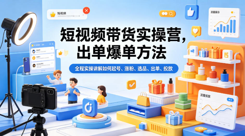 短视频带货实操营，出单爆单方法，全程实操讲解如何起号、涨粉、选品、出单、投放(更新0515) - 项目资源网