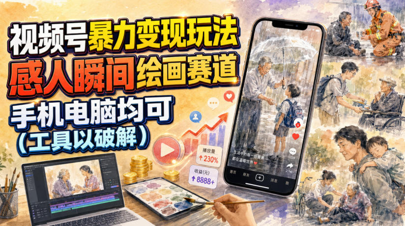 视频号暴力变现玩法，感人瞬间绘画赛道，手机电脑均可 - 项目资源网