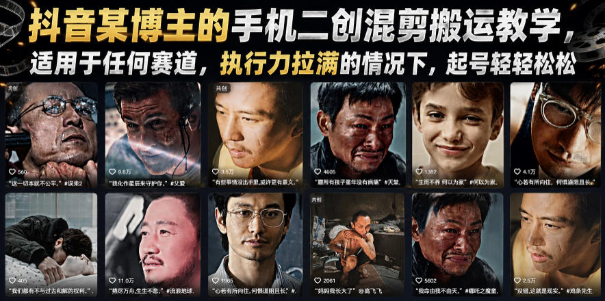 抖音某博主的手机二创混剪搬运教学，适用于任何赛道，执行力拉满的情况下，起号轻轻松松 - 项目资源网