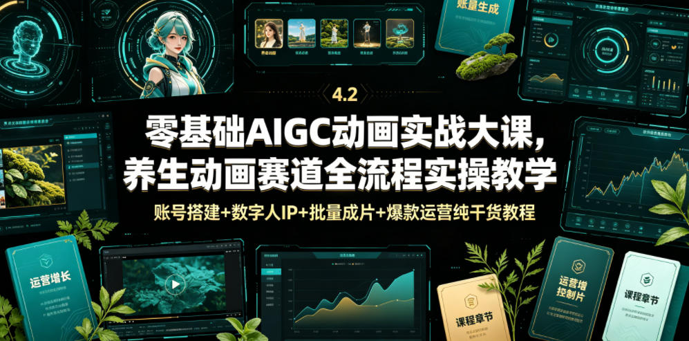 零基础AIGC动画实战大课，养生动画赛道全流程实操教学，账号搭建+数字人IP+批量成片+爆款运营纯干货教程 - 项目资源网