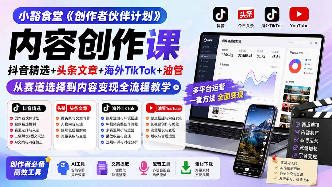 小豁食堂《创作者伙伴计划》内容创作课:抖音精选+头条文章+海外TikTok+油管,从赛道选择到内容变现全流程教学 小豁食堂《创作者伙伴计划》内容创作课:抖音精选+头条文章+海外TikTok+油管,从赛道选择到内容变现全流程教学