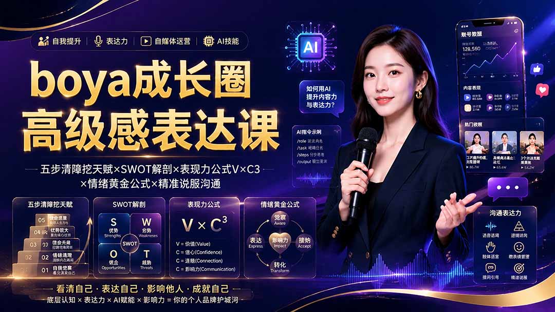 boya成长圈｜内心成长高级表达AI自媒体三合一，消解内耗挖掘天赋，镜头沟通AI指令短视频全流程教学 - 项目资源网