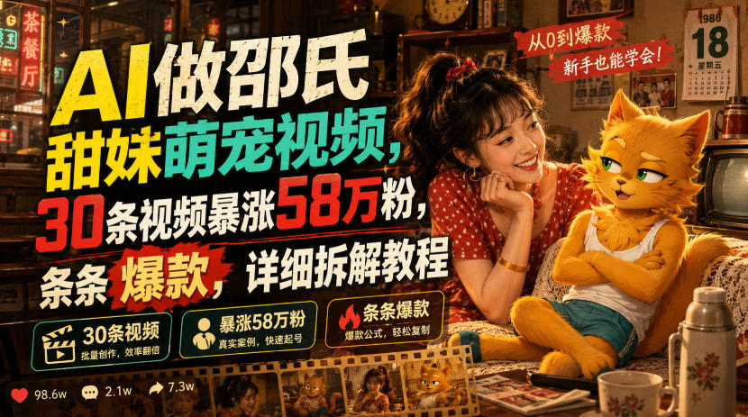 AI做邵氏甜妹萌宠视频，30条视频暴涨58万粉，条条爆款，详细拆解教程 - 项目资源网