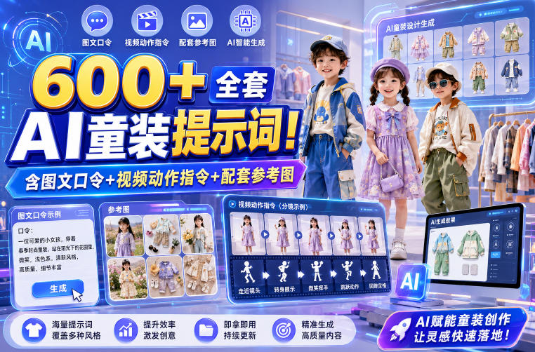 600+全套AI童装提示词！含图文口令+视频动作指令+配套参考图，Word-Excel规整分类，童装电商、种草无脑量产内容！ - 项目资源网