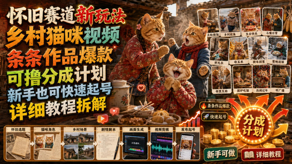 怀旧赛道新玩法，乡村猫咪视频，条条作品爆款，可撸分成计划，新手也可快速起号，详细教程拆解 - 项目资源网