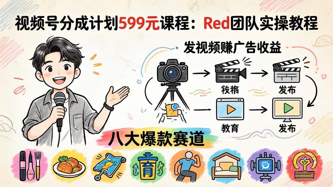 视频号分成计划599元课程：Red团队实操教程，发视频赚广告收益，八大爆款赛道全掌握 - 项目资源网