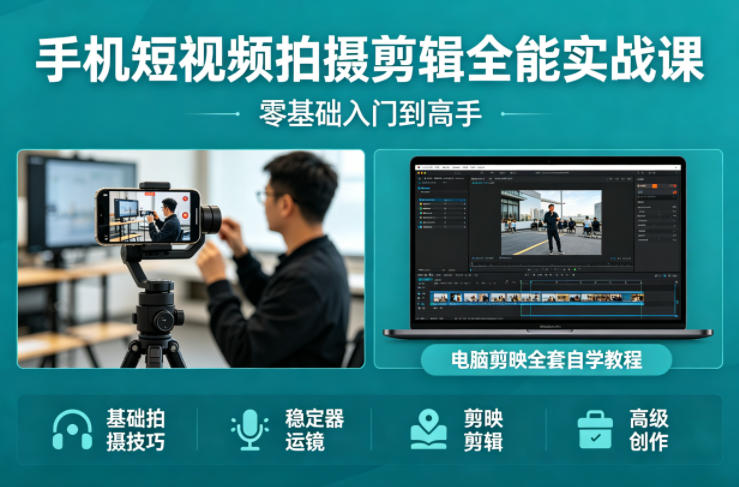手机短视频拍摄剪辑全能实战课：零基础入门到高手，稳定器运镜+电脑剪映全套自学教程 - 项目资源网