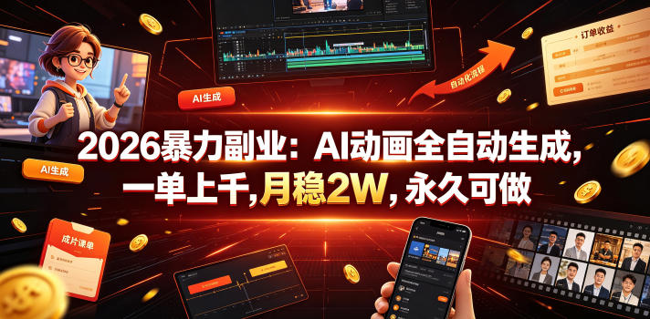 2026暴力副业：AI动画全自动生成，一单上千，月稳2W，永久可做【揭秘】 - 项目资源网