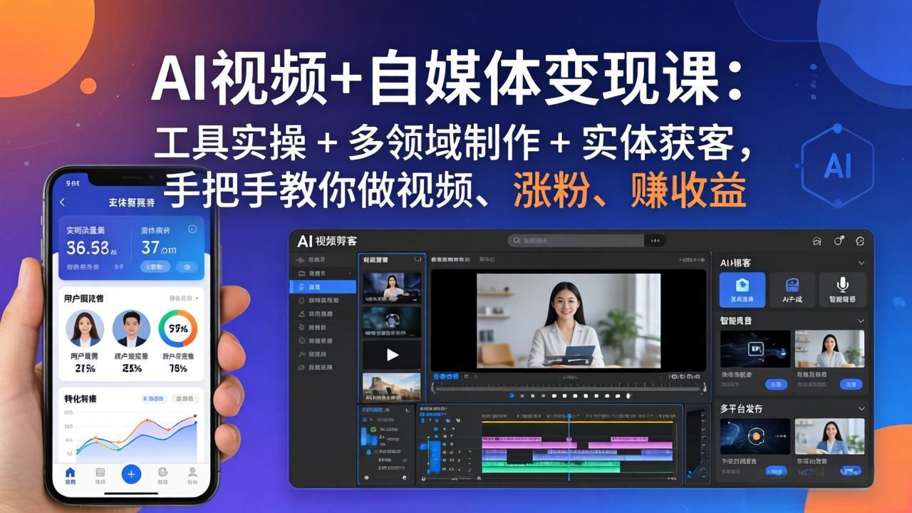 AI视频+自媒体变现课：工具实操 + 多领域制作 + 实体获客，手把手教你做视频、涨粉、赚收益 - 项目资源网