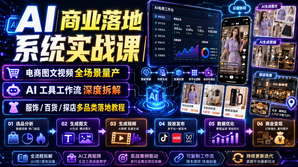 AI商业落地系统实战课｜电商图文视频全场景量产・AI工具工作流深度拆解・服饰/百货/探店多品类落地教程 - 项目资源网