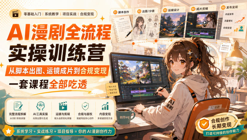 AI漫剧全流程实操训练营，从脚本出图、运镜成片到合规变现，一套课程全部吃透 - 项目资源网
