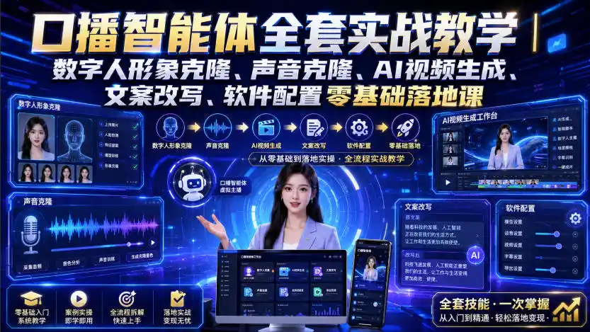 口播智能体全套实战教学｜数字人形象克隆、声音克隆、AI视频生成、文案改写、软件配置零基础落地课 - 项目资源网