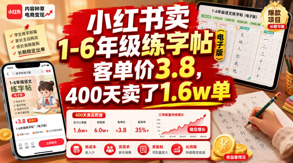 小红书卖1-6年级练字帖(电子版)，客单价3.8，400天卖了1.6w单 - 项目资源网