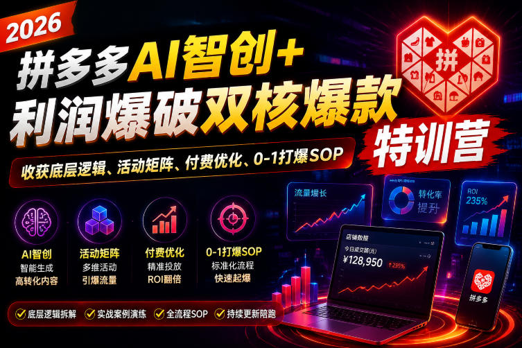 2026拼多多AI智创+利润爆破双核爆款特训营，收获底层逻辑、活动矩阵、付费优化、0-1打爆SOP(更新0727) - 项目资源网