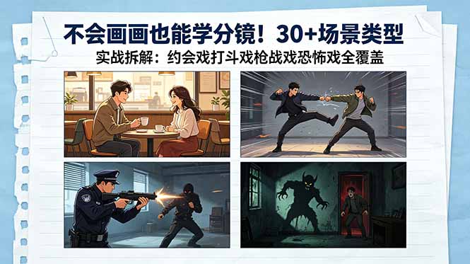 不会画画也能学分镜！30+场景类型实战拆解：约会戏打斗戏枪战戏恐怖戏全覆盖 - 项目资源网