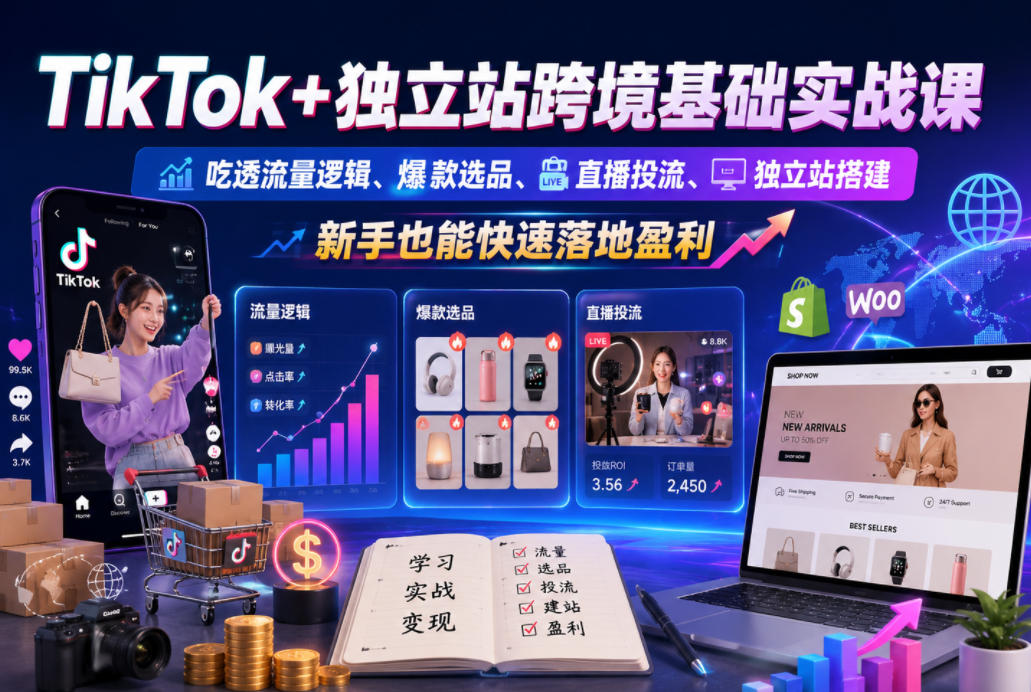 TikTok+独立站跨境基础实战课，吃透流量逻辑、爆款选品、直播投流与独立站搭建，新手也能快速落地盈利 - 项目资源网