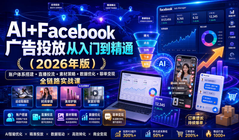 AI+Facebook广告投放从入门到精通(2026年版)｜账户体系搭建・直播投流・素材策略・数据优化・聊单变现全链路实战课 - 项目资源网