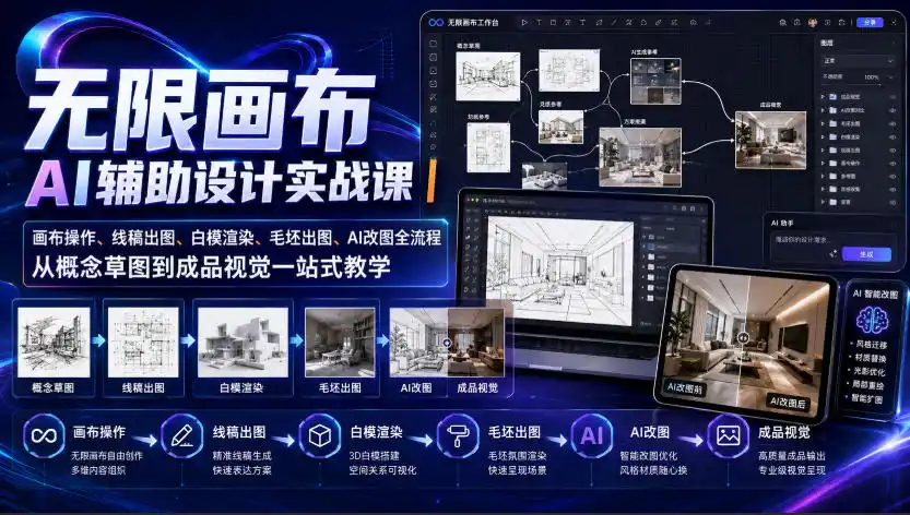 无限画布AI辅助设计实战课｜画布操作、线稿出图、白模渲染、毛坯出图、AI改图全流程，从概念草图到成品视觉一站式教学 - 项目资源网