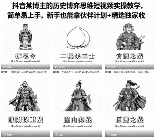 抖音某博主的历史博弈思维短视频实操教学，简单易上手，新手也能拿伙伴计划+精选独家收益 - 项目资源网