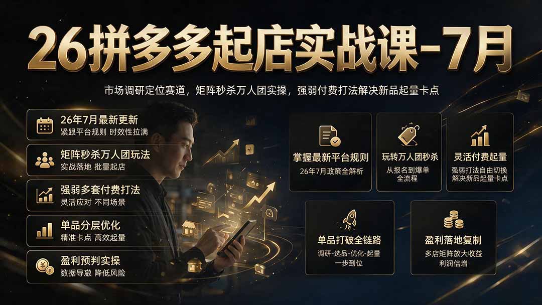 26拼多多起店实战课-7月｜市场调研定位赛道，矩阵秒杀万人团实操，强弱付费打法解决新品起量卡点 - 项目资源网