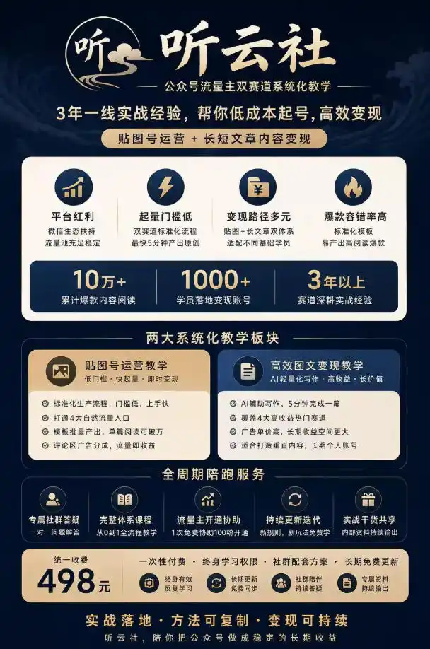 听云社公众号流量主双赛道系统化教学，3年一线实战经验，帮你低成本起号，高效变现，贴图号运营+长短文章内容变现 - 项目资源网