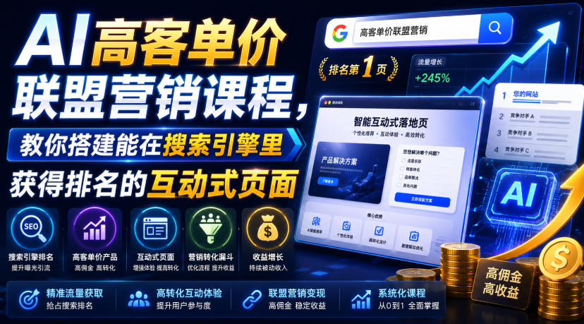 AI高客单价联盟营销课程，教你搭建能在搜索引擎里获得排名的互动式页面，引来流量，把访客转化为高佣金的成交【原创双语字幕】 - 项目资源网