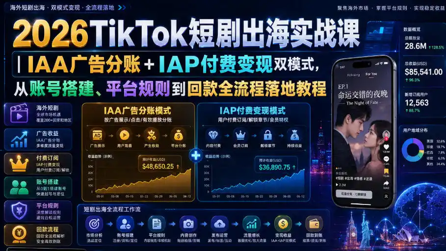 2026TikTok短剧出海实战课｜IAA广告分账+IAP付费变现双模式，从账号搭建、平台规则到回款全流程落地教程 - 项目资源网