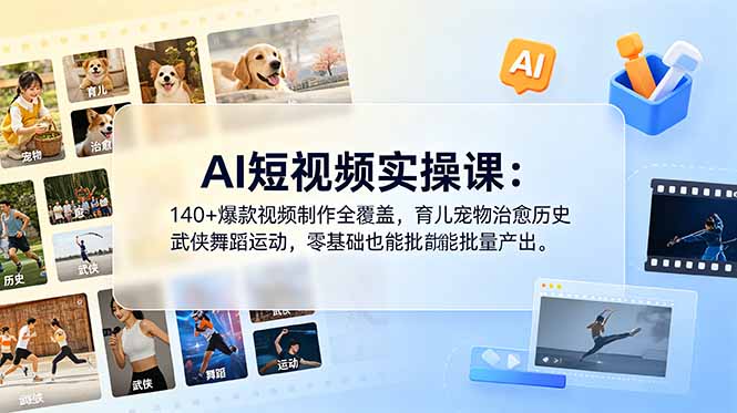 AI短视频实操课：140+爆款视频制作全覆盖，育儿宠物治愈历史武侠舞蹈运动，零基础也能批量产出 - 项目资源网