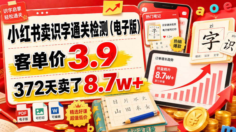 小红书卖识字通关检测(电子版)，客单价3.9，372天卖了8.7w+ - 项目资源网