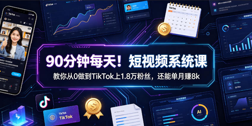90分钟每天！短视频系统课教你从0做到TikTok上1.8万粉丝，还能单月賺8k【原创双语字幕】 - 项目资源网