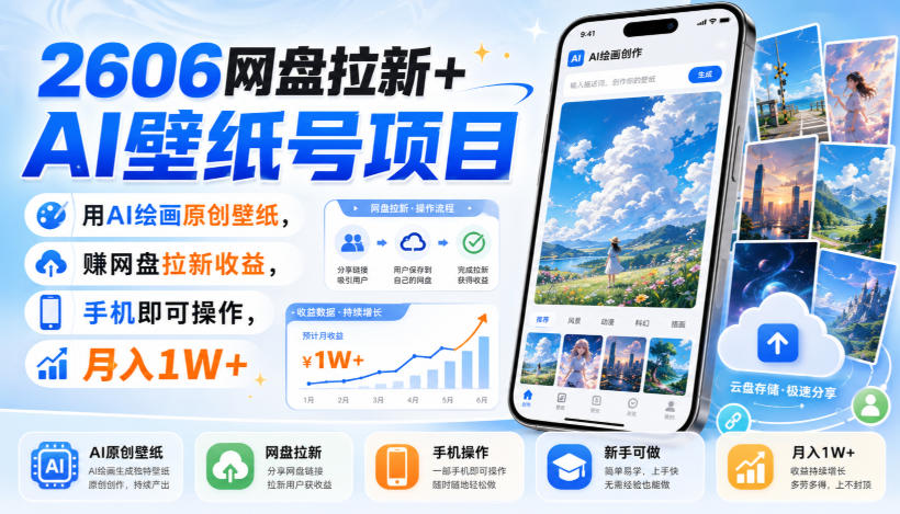 2606网盘拉新+AI壁纸号项目，用AI绘画原创壁纸，賺网盘拉新收益，手机即可操作，月入1W+ - 项目资源网