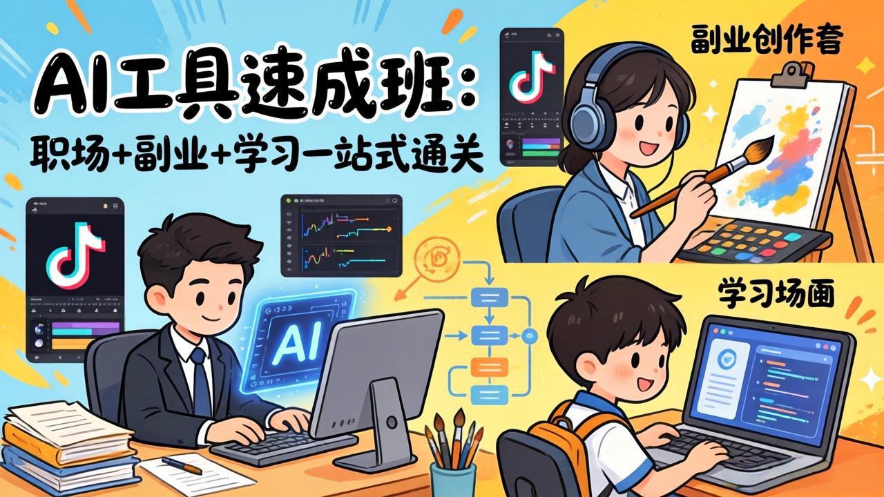 AI工具速成班：职场+副业+学习一站式通关，20+爆款类型+剪映技巧+抖音算法，0基础快速上手 - 项目资源网