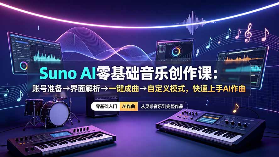 Suno AI零基础音乐创作课：账号准备→界面解析→一键成曲→自定义模式，快速上手AI作曲 - 项目资源网