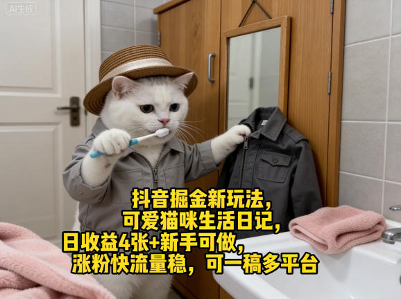 抖音掘金新玩法，可爱猫咪生活日记，日收益4张+新手可做，涨粉快流量稳，可一稿多平台 - 项目资源网