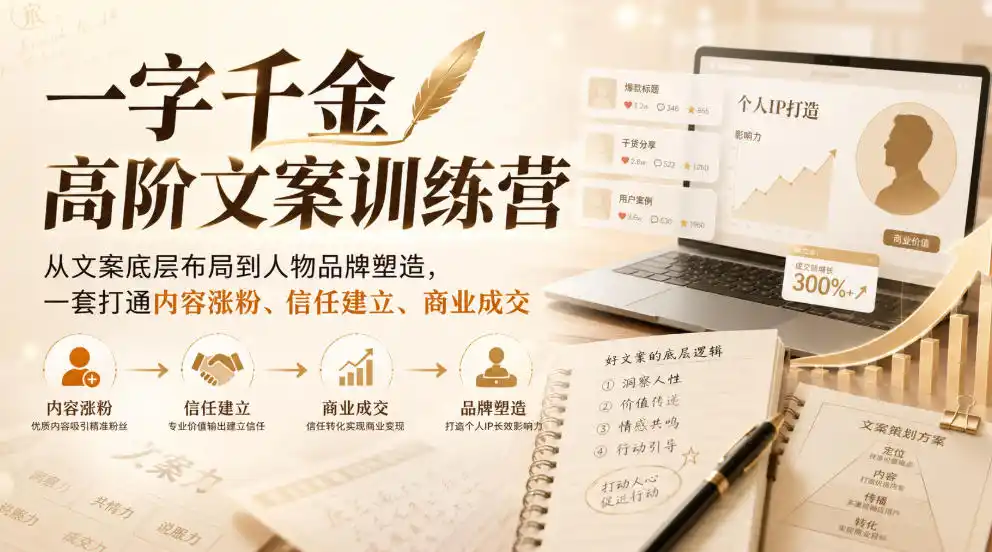 一字千金高阶文案训练营，从文案底层布局到人物品牌塑造，一套打通内容涨粉、信任建立、商业成交 - 项目资源网