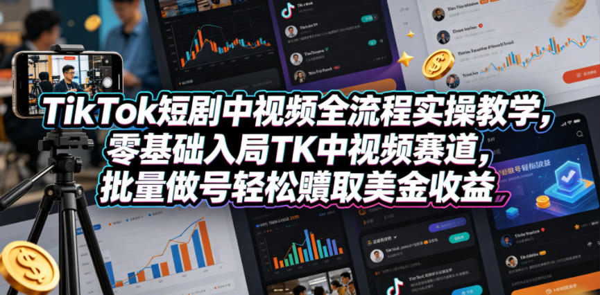 TikTok短剧中视频全流程实操教学，零基础入局TK中视频赛道，批量做号轻松賺取美金收益 - 项目资源网