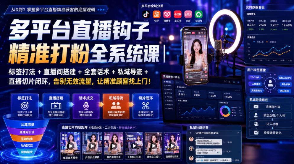 多平台直播钩子精准打粉全系统课｜标签打法+直播间搭建+全套话术+私域导流+直播切片闭环，告别无效流量，让精准顾客找上门！ - 项目资源网