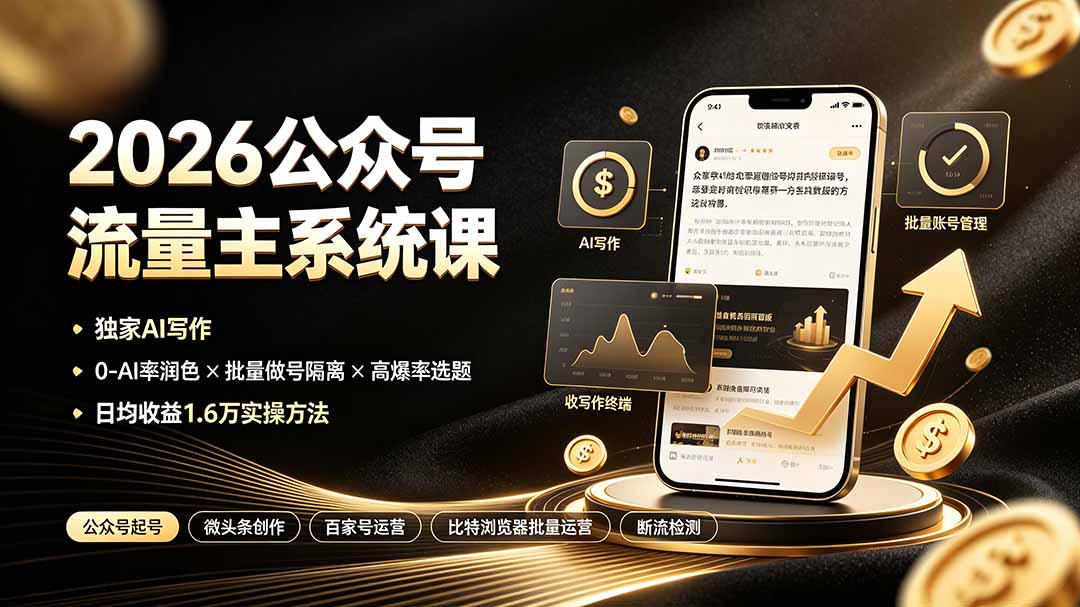 2026公众号流量主系统课：独家AI写作×0-AI率润色×批量做号隔离×高爆率选题，日均收益1.6万实操方法 - 项目资源网