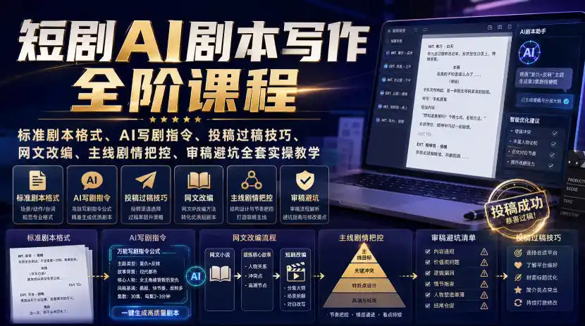 短剧AI剧本写作全阶课程｜标准剧本格式、AI写剧指令、投稿过稿技巧、网文改编、主线剧情把控、审稿避坑全套实操教学 - 项目资源网