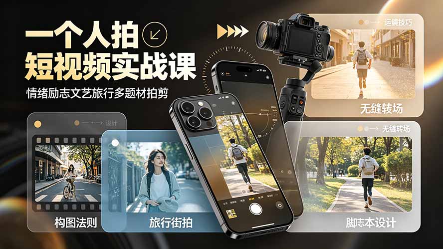 一个人拍短视频实战课：情绪励志文艺旅行多题材×五大景别×黄金构图×八大运镜，从拍摄到成片高效创作 - 项目资源网