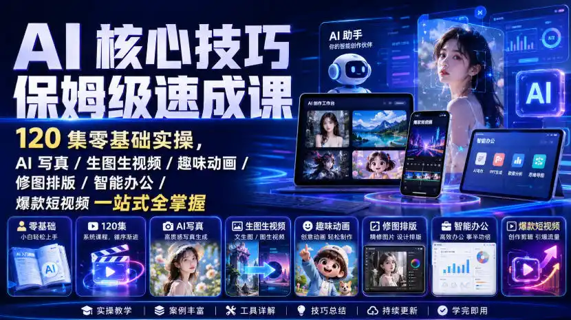 AI核心技巧保姆级速成课｜120集零基础实操，AI写真/生图生视频/趣味动画/修图排版/智能办公/爆款短视频一站式全掌握 - 项目资源网