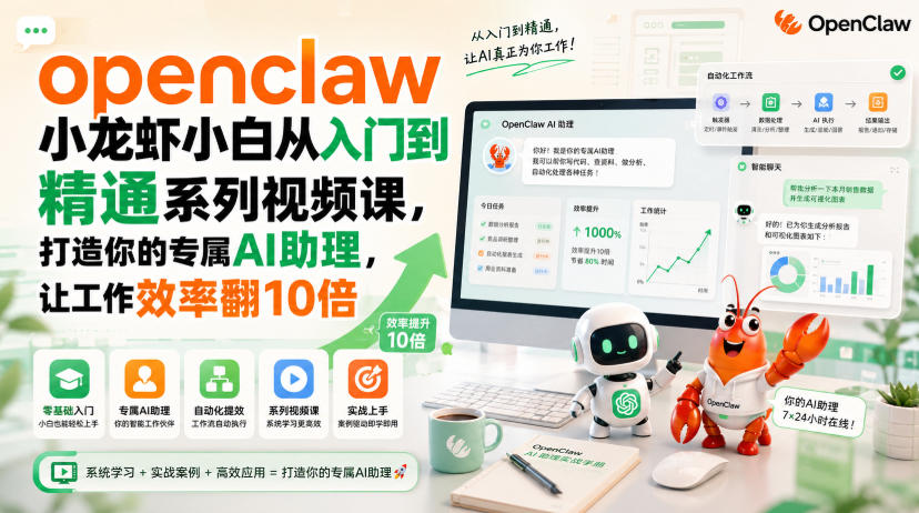 openclaw小龙虾小白从入门到精通系列视频课，打造你的专属AI助理，让工作效率翻10倍 - 项目资源网