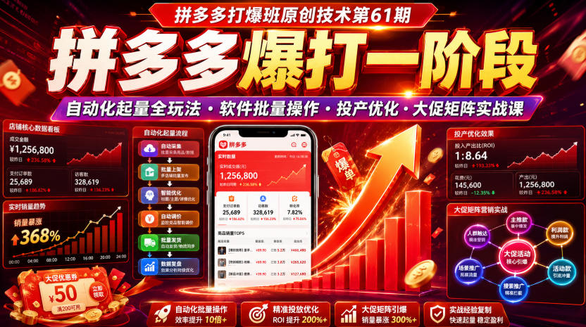 拼多多打爆班原创技术第61期，拼多多爆打一阶段，自动化起量全玩法・软件批量操作・投产优化・大促矩阵实战课 - 项目资源网
