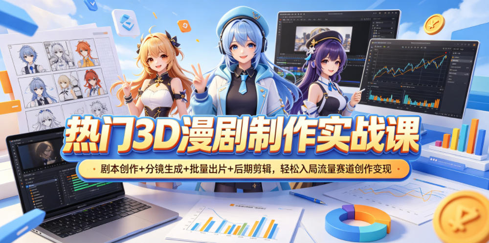 热门3D漫剧制作实战课，剧本创作+分镜生成+批量出片+后期剪辑，轻松入局流量赛道创作变现 - 项目资源网