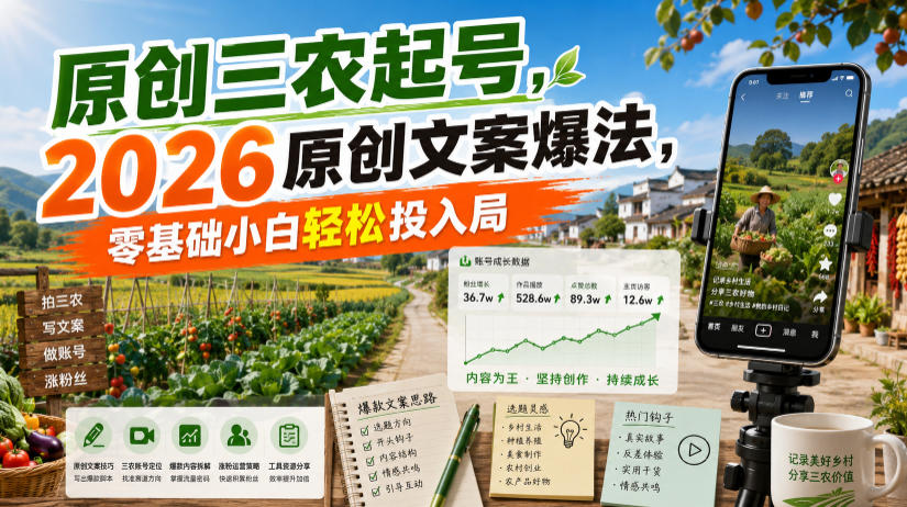 原创三农起号，2026原创文案爆法，零基础小白轻松投入局 - 项目资源网